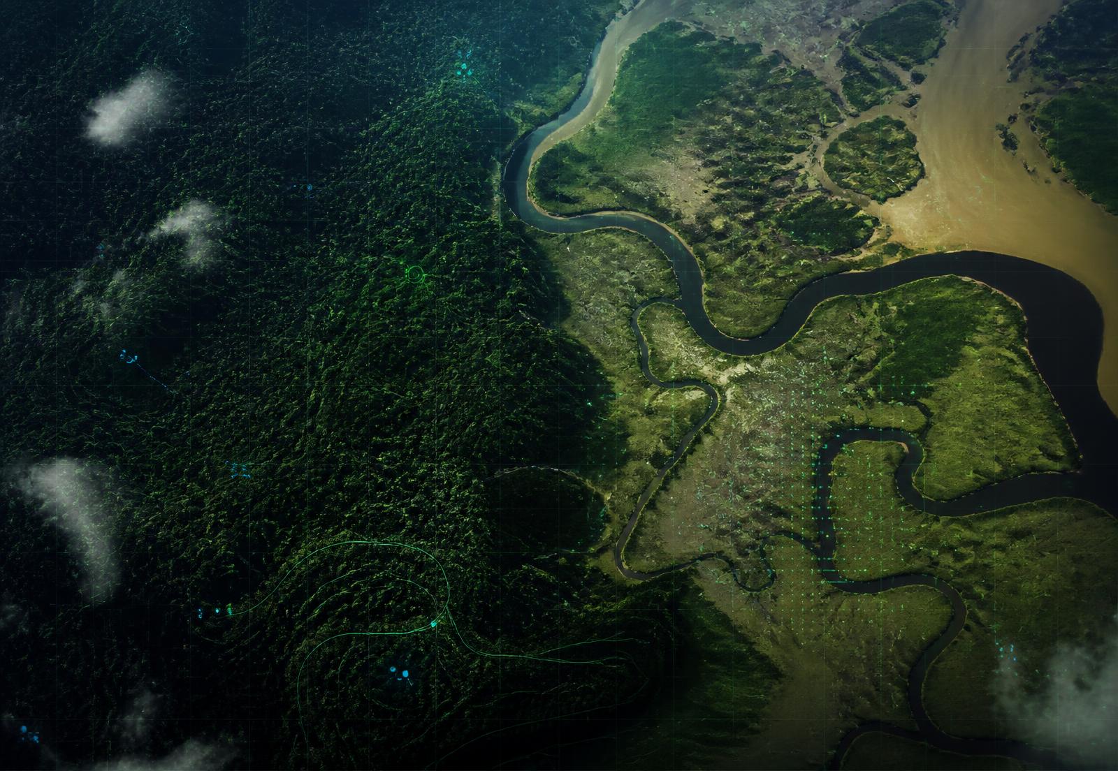 Aerial satellite view of an African forest, river and wetland landscape with geospatial data overlays